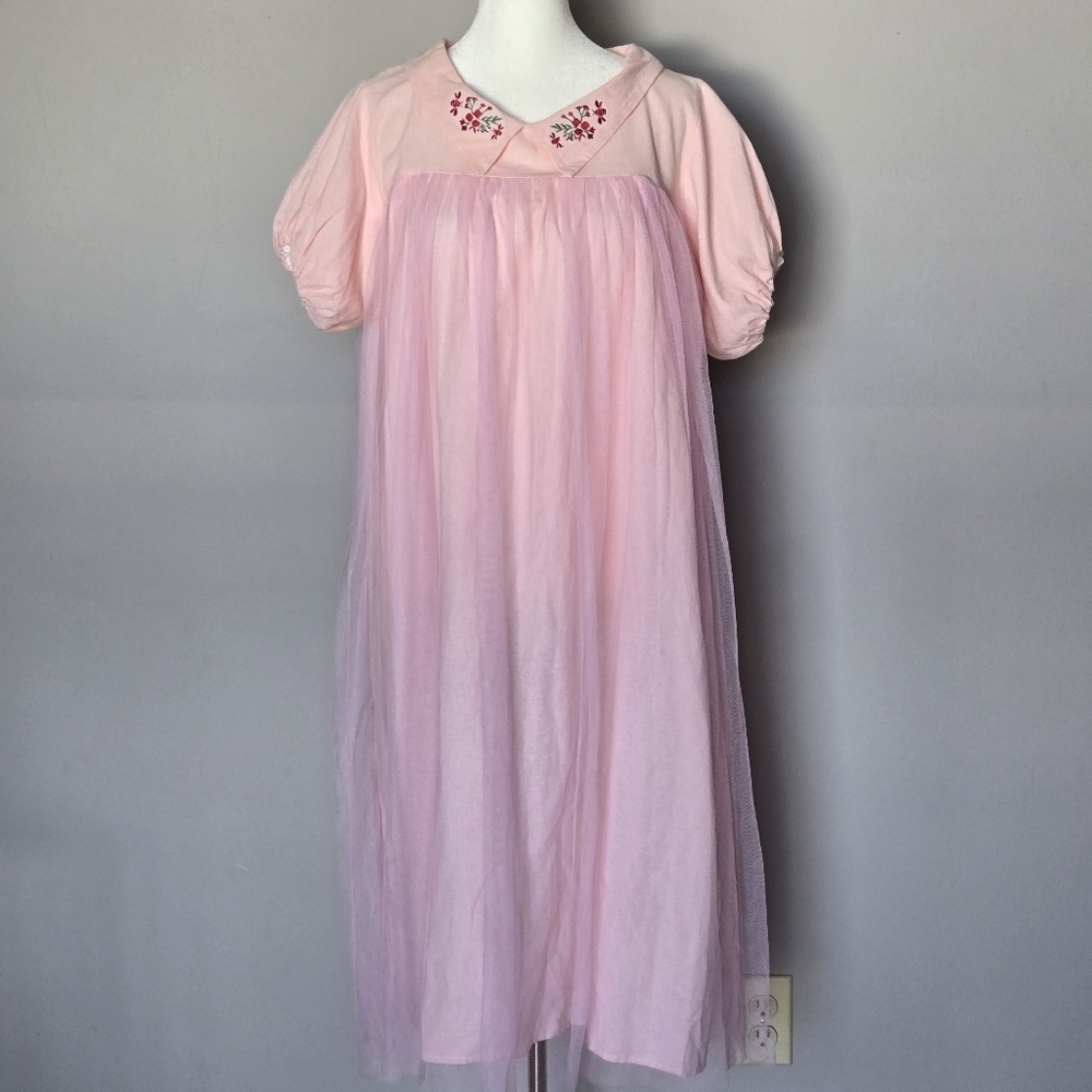 Shabby Chic Babydoll Cottagecore Fairycore Tulle Overlay Midi Loungewear Dress - Picture 2 of 11